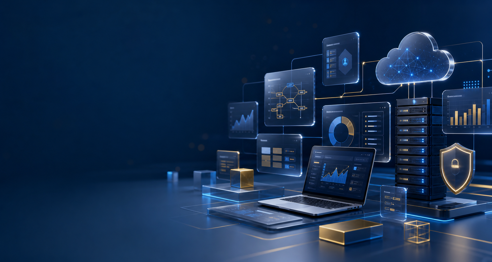 Abstract business technology dashboards and cloud infrastructure